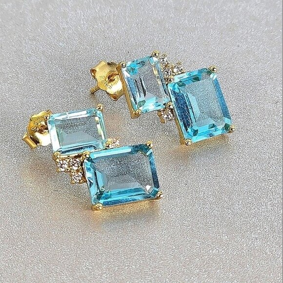 925 Sterling Silver Earrings 14K Gold Plated with Natural Topaz & CZ - Picture 1 of 7